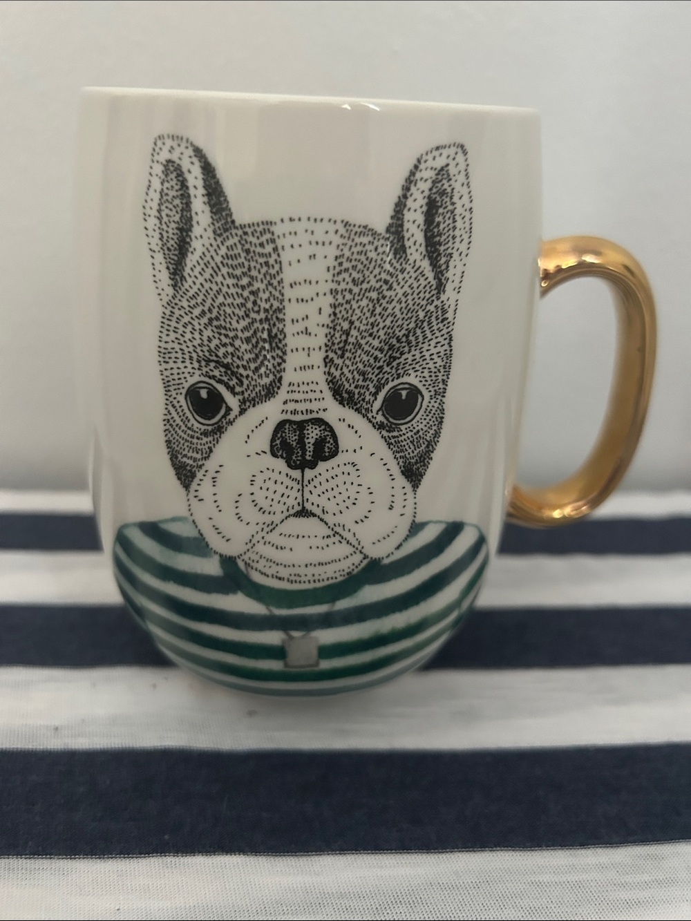Pier 1 imports Bulldog Green Shirt Mug , Gold Crackle Handle.